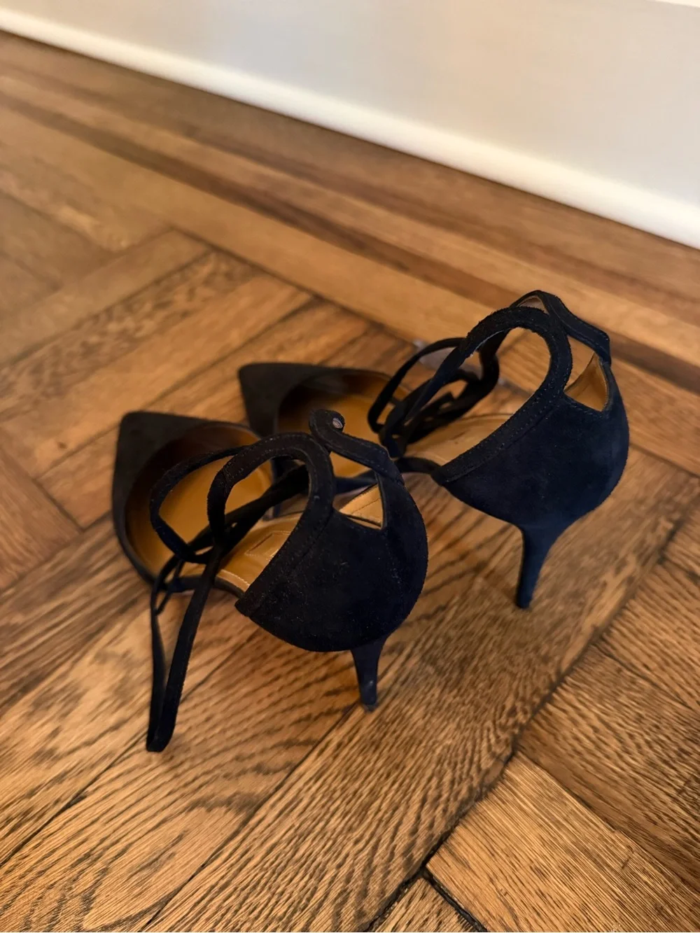 Aquazzura Black Suede Pointed-Toe d’Orsay Stiletto Heels with Ankle Tie